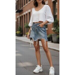 Forever 21 Distressed Denim Mini Skirt - High Rise Raw Hem - Size 26